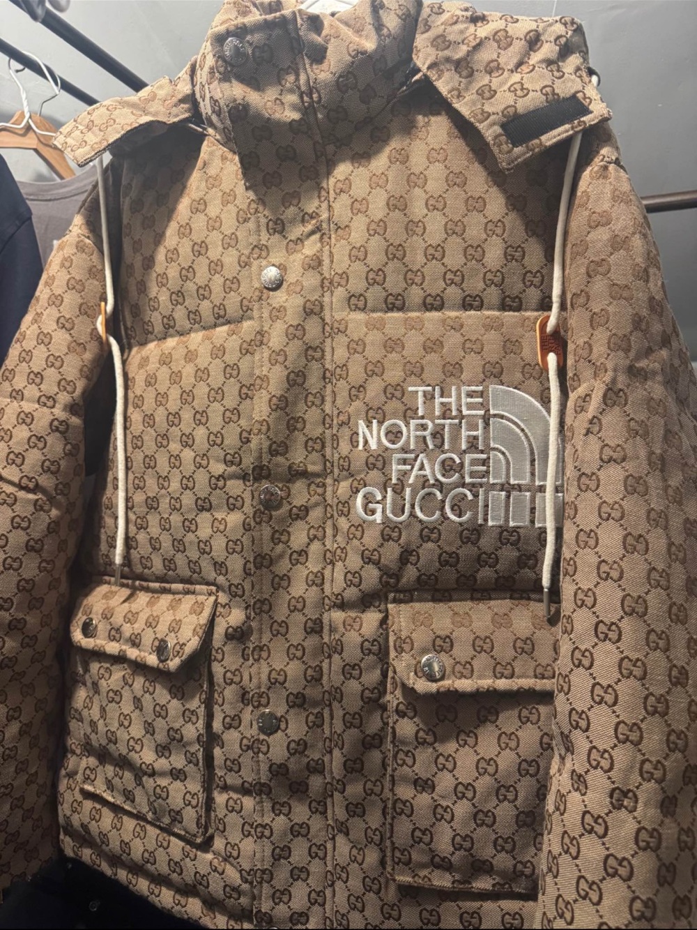 The North Face Gucci Collab Men’s Brown Monogram Puffer Jacket size large